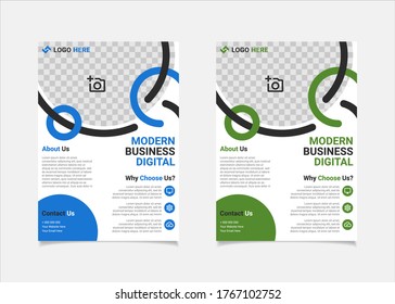 Business Flyer Template Vector Design, A4 Brochure Template Blue And Green Geometry Shapes Used For Business Poster Layout, IT Company Flyer, Corporate Banners, And Leaflets