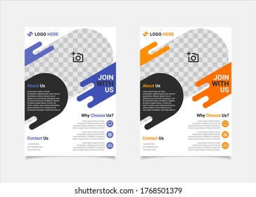 Diseño vectorial de la plantilla de volante de negocios, formas geométricas azules y ámbar de la plantilla de folletos A4 utilizadas para el diseño de afiches de negocios, volante de la empresa de TI, banners corporativos y folletos