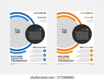 Diseño vectorial de la plantilla de volante de negocios, formas geométricas azules y ámbar de la plantilla de folletos A4 utilizadas para el diseño de afiches de negocios, volante de la empresa de TI, banners corporativos y folletos