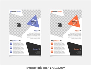Diseño vectorial de plantilla de volante comercial, formas geométricas azules y naranjas de la plantilla de folletos A4 utilizadas para la distribución de afiches comerciales, volante de la empresa de TI, banners corporativos y folletos