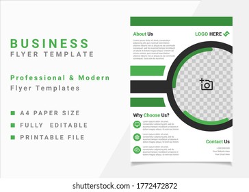 Business flyer template vector design, A4 brochure template green geometry shapes used for business poster layout, IT Company flyer, corporate banners, and leaflets