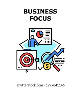 Concepto de icono del vector de enfoque empresarial. Enfoque Y Objetivo Empresarial. Presentación Del Progreso De La Ocupación De La Empresa, Análisis Del Mercado Comercial Y La Inversión, Ilustración De Color De La Dirección De Comercio