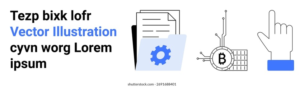 Business folder with documents, gear icon, circuit Bitcoin symbol, and hand click sign. Ideal for finance, technology, investment, cybersecurity, digital currency, management, and marketing themes