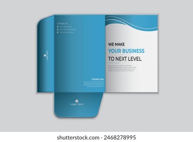 Business folder for files, and design. The layout is for posting information about the company, photos, and text. Modern geometric style.