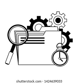 business folder with gears and magnifying glass with timer vector illustration graphic design