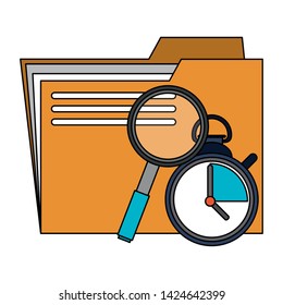business folder with magnifying glass and timer vector illustration graphic design