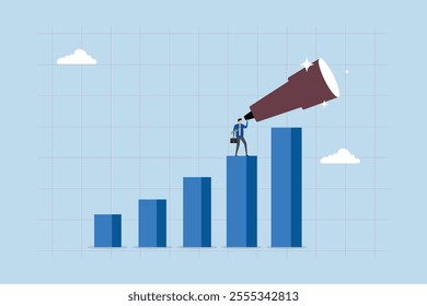 Business forecast, clever businessman examines large telescope focused on rising chart. 