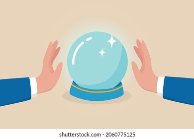 Business Forecast, Investment Stock Market Prediction Or Super Power To See Future, Fortune Teller To See Opportunity Concept, Businessman Hand With Magical Power See Forecasting On Crystal Magic Ball