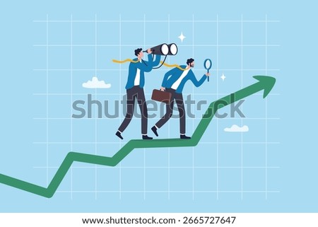 Business forecast, prediction or analysis, vision to see new opportunity, examine or inspect future ahead, search or discover opportunity, businessman look through binoculars to forecast future.