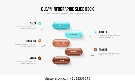 Ilustração do Vetor do Design da Apresentação da Previsão de Negócios. Modelo de Apresentação de Slides de Diagrama de Cinco Opções de Revisão de Produto. Resumo profissional 5 passos Infográfico Frame Layout.