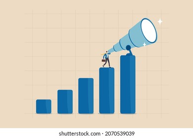 Business forecast, visionary to discover opportunity, searching for future advantage trend, stock market investment or economic data, smart businessman look through big telescope on growing graph. svg