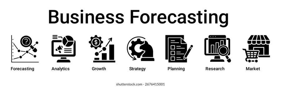 Business Forecasting banner ícone da web vetor ilustração conceito para negócios com ícone de Previsão, Analítica, Crescimento, Estratégia, Planejamento, Pesquisa.