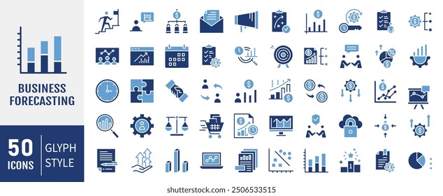 Business forecasting flat icon collection set. Containing prediction, analyze, data, trend, budgeting, accuracy, strategy icon. Simple flat vector illustration