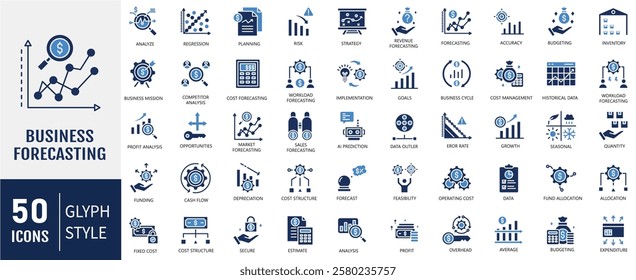 Business forecasting flat icon set. Containing prediction, analyze, data, trend, budgeting, accuracy, strategy icon. Vector illustration