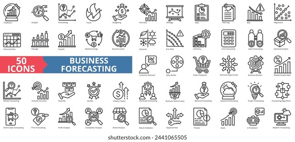 Business forecasting icon collection set. Containing prediction, analyze, data, trend, budgeting, accuracy, strategy icon. Simple line vector.