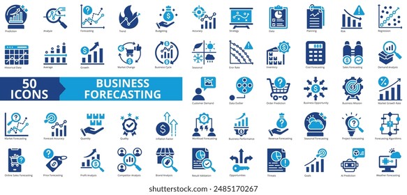 Business forecasting icon collection set. Containing prediction, analyze, data, trend, budgeting, accuracy, strategy icon. Simple flat vector illustration.