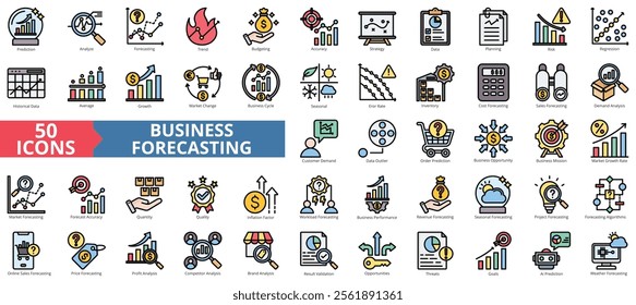 Business forecasting icon collection set. Containing prediction, analyze, data, trend, budgeting, accuracy, strategy icon. Simple flat outline color illustration