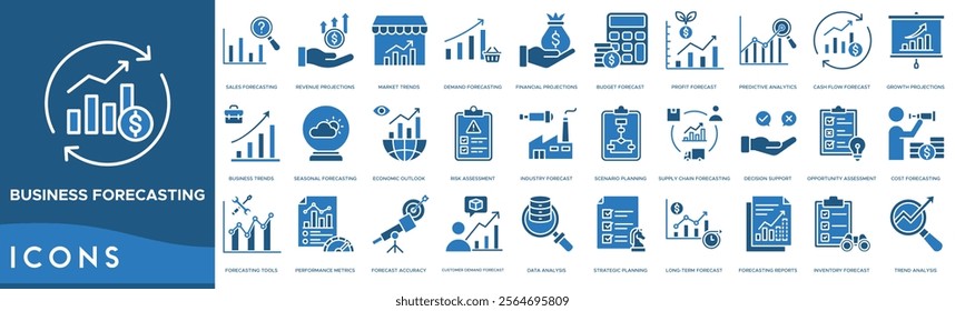 Business forecasting icon. Sales Forecasting, Revenue Projections, Market Trends, Demand Forecasting and Financial Projections