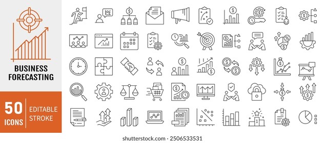 Business forecasting Line icon collection set. Containing prediction, analyze, data, trend, budgeting, accuracy, strategy icon. Vector Illustration