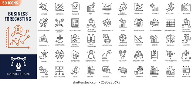 Business forecasting line icon set. Editable stroke. Containing prediction, analyze, data, trend, budgeting, accuracy, strategy icon. Vector illustration