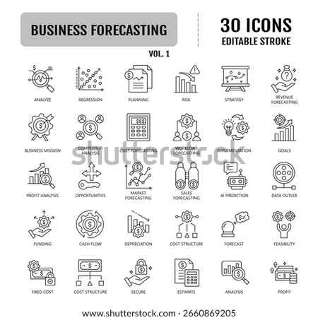 Business forecasting line icon set. Editable stroke. Containing prediction, analyze, data, trend, budgeting, accuracy, strategy icon. Vector illustration