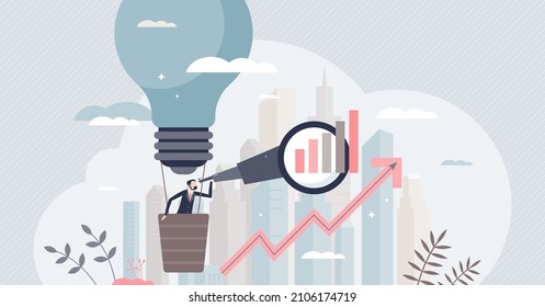 Business forecasting with startup idea future profit results prediction tiny person concept. Performance strategy and calculation for company growth plan vector illustration. Aim for income success.