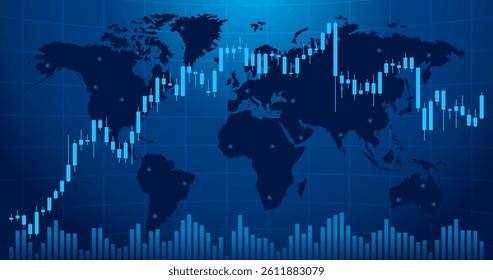 business Forex stock market candlestick chart with indicators and world map location in background banner template