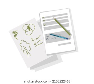 Business forms, documents with notes, hand-drawn graphs lie on the workspace of the desk in the office, top view. Study papers, pencil and pen. Vector illustration of the company concept.