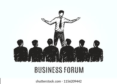 Business Forum Concept Sketch. Speaker Addresses The Audience At The Meeting. Vector Hand Drawn Illustration.