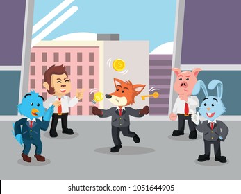 Business fox entertain his workmates by doing juggling coin, bulb and key in the office