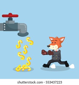 business fox with money faucet