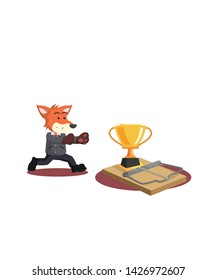 business fox running into mouse trap with trophy