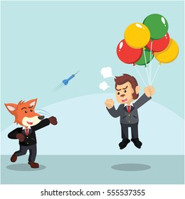 business fox throwing darts to flying business monkey