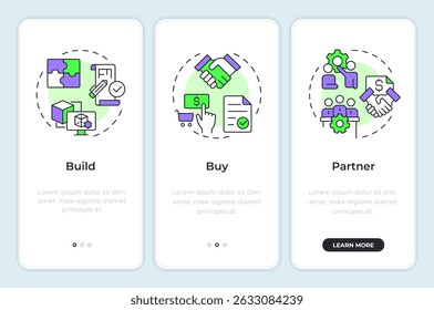 Business framework onboarding mobile app screen. Product development. Walkthrough 3 steps editable graphic instructions with linear concepts