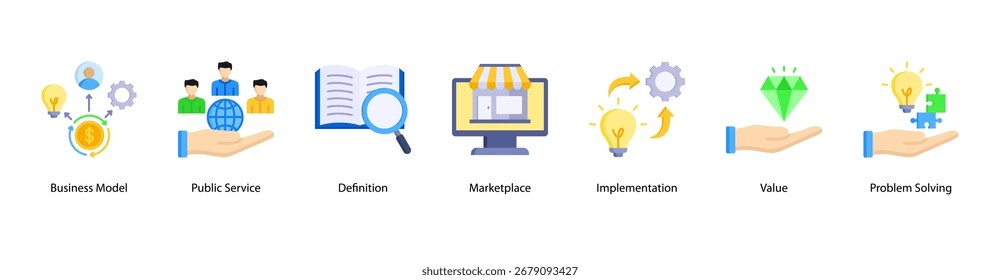 Ilustração do vetor de banner da Web do Business Framework com Business Model, Public Service, Definition, Marketplace, Implementation, Value, and Problem Solving.