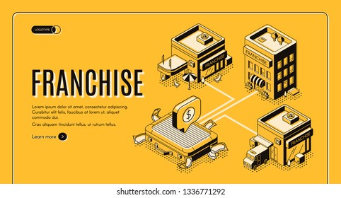 Business franchise isometric vector web banner, landing page. Small enterprise, company, shop or service started with licensed as intellectual property business model or idea line art illustration svg