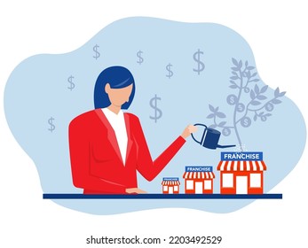Business Franchise with watering can  Character watering money tree, metaphor for successful investor,   SME Flat flat vector illustration