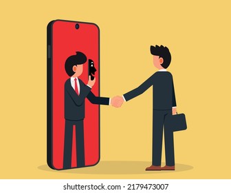 Business fraud or betrayal. Businessman shaking hands with his partner hiding behind mask