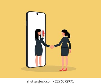 Business fraud or betrayal. Businesswoman shaking hands with his partner hiding behind mask