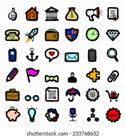 Business Free Hand Sketched Icons, Colored Outlines