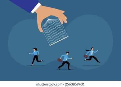 Business Freedom Concept with Escape from a Cage 2d flat vector illustrations