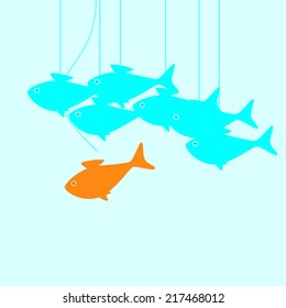 Business freedom concept illustration with goldfish breaking common rules in the form of puppet thread that holds it and does not allow to achieve great aims and other fish moving as puppets on thread