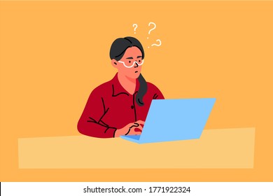 Business, freelance, problem, thinking, idea, work concept. Young thoughtful puzzled businesswoman clerk manager girl freelancer working at laptop. Search of idea for trouble solution illustration.