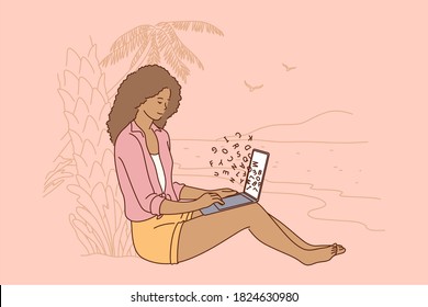 Business, freelance, recreation, vacation concept. Young happy smiling afrcian amercian businesswoman girl freelancer sitting on coast beach working laptop. Active lifestyle recreation and travelling