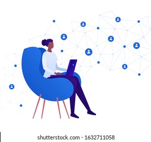 Business freelance work concept. Vector flat person illustration. African female sitting with laptop on chair and network connection sign. Design element for banner, poster, background.