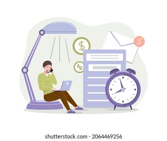 Business freelancer male talking smartphone use laptop with huge alarm clock deadline concept. Work schedule, timetable managing, unanswered email, to do list and time management flat vector