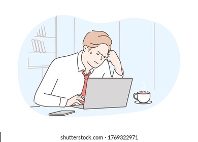 Business, frustration, mental stress, depression, work concept. Young depressed stressful frustrated businessman clerk manager working at office uses laptop. Overwork and negative emotions or headache