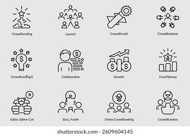 Business Funding Icons Representing Crowdfunding Launch Collaborative Growth And Investment Strategies