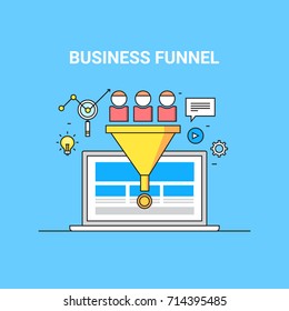 Business Funnel, Conversion, Marketing, Digital Sales Funnel Flat Line Vector With Marketing Icons Isolated On Blue Background