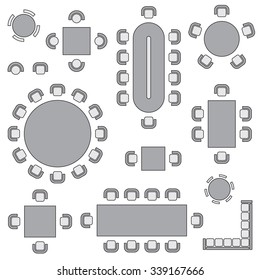 Business furniture symbols used in architecture plans icons set, top view, graphic design elements, gray isolated on white background, vector illustration.